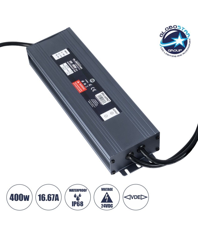 GLOBOSTAR® LUMISPLASH 60967 Τροφοδοτικό-Μετασχηματιστής Class II SELV 400W 16.67A DC 24V Αδιάβροχο IP68 - AC 220-240V σε DC 24V - M25.5 x W7.5 x H4cm - 3 Χρόνια Εγγύηση